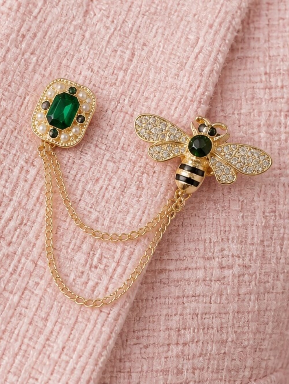 Emerald Green Bee Brooch Gold Rhinestone Pearl Double Chain Lapel Collar Pin
